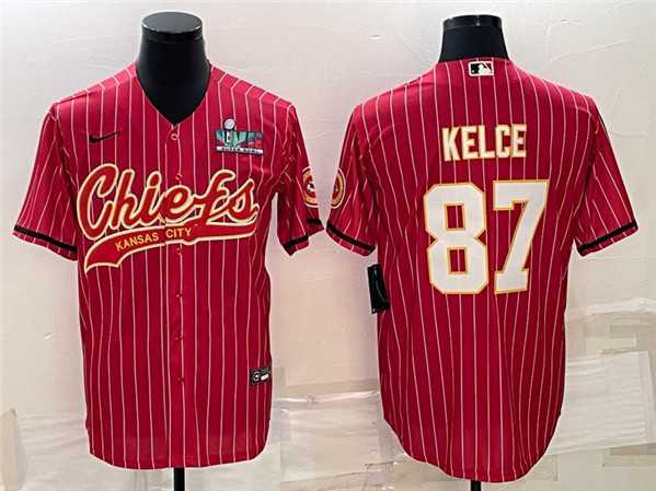 Mens Kansas City Chiefs #87 Travis Kelce Red With Super Bowl LVII Patch Cool Base Stitched Baseball Jersey